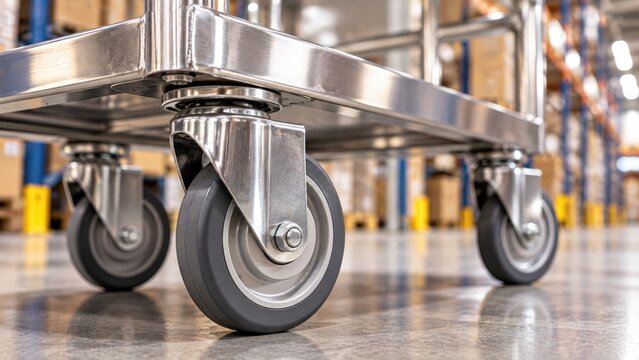 Industrial Caster Wheels on Stainless Steel Cart in Modern Warehouse