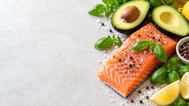 Fresh Salmon Fillet with Avocado Herbs Lemon and Spices on Light Background
