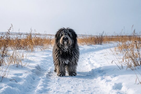 Shaggy black, grey Puli dog stands on snowy winter path. Fluffy purebred pet looks at camera in cold landscape. Long curly hair animal explores frozen trail through dry grass, snow covered field