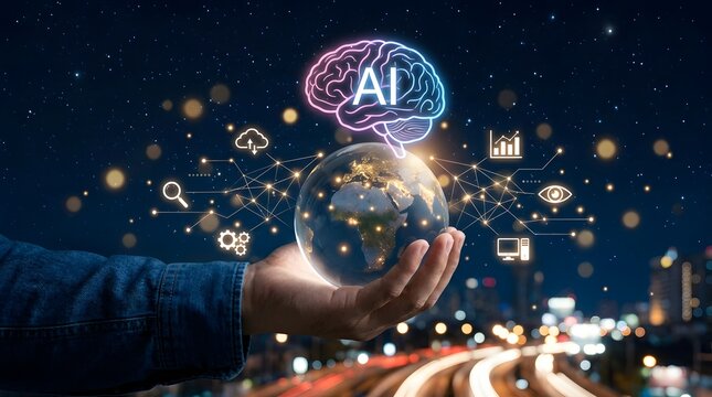  Hand holding glowing digital globe with neon AI brain icon and interconnected technology icons, blurred city nightscape with light streaks, global connectivity and artificial intelligence concept