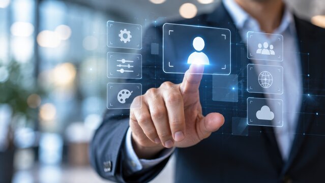 Business Professional Selecting User Profile on Futuristic Digital Interface in Modern Office