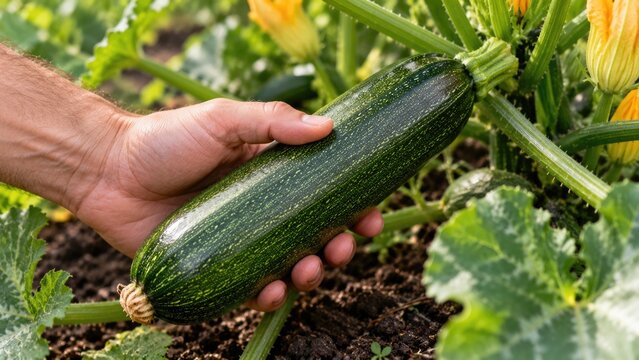 Hand Harvesting Fresh Green Zucchini from Healthy Plant in Summer Vegetable Garden