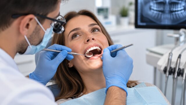 Dentist Examining Female Patient Teeth During Routine Dental Checkup in Modern Clinic