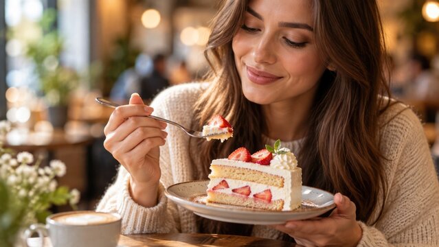 Young Woman Enjoying Fresh Strawberry Cream Cake at Cozy Cafe