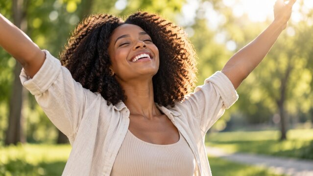 Happy Young Black Woman Enjoying Freedom and Sunshine in Green Park