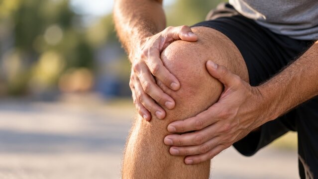 Man Holding Painful Knee During Outdoor Exercise Showing Joint Injury and Discomfort