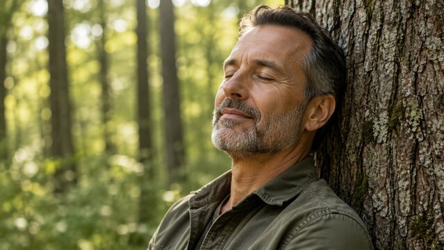 Relaxed Mature Man Resting Against Tree and Enjoying Peaceful Forest Nature