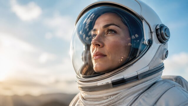 Female Astronaut Wearing Space Suit and Helmet Looking Toward Distant Horizon