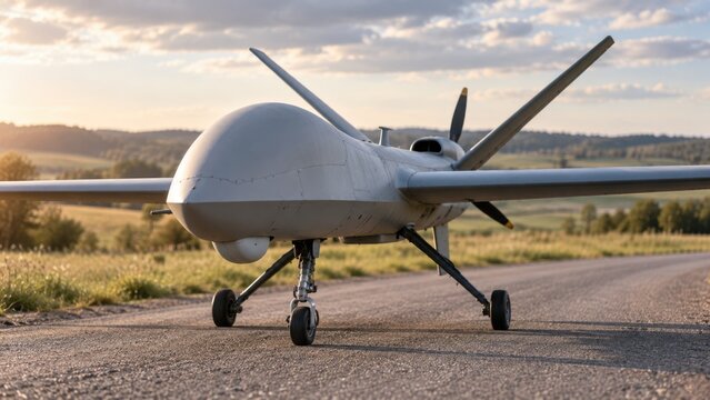 Unmanned Aerial Vehicle Standing on Rural Runway at Sunset in Countryside Landscape