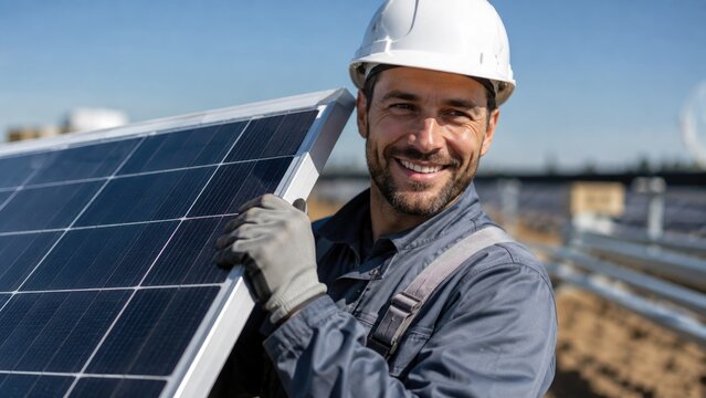 Smiling Solar Energy Technician Carrying Photovoltaic Panel at Renewable Power Installation Site