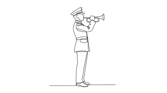 Continuous Line Drawing of a Military Bugler in Uniform Playing Trumpet, Minimalist Vector Illustration of a Soldier Performing Taps for Memorial Day and Honor Ceremony Services