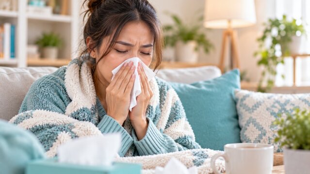 Sick Young Woman Blowing Her Nose While Resting Under Blanket at Home
