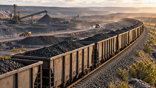 Freight Train Carrying Coal Through Large Open Pit Mining and Industrial Complex