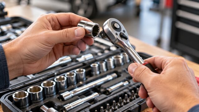 Mechanic Choosing Socket for Ratchet Wrench from Professional Tool Set