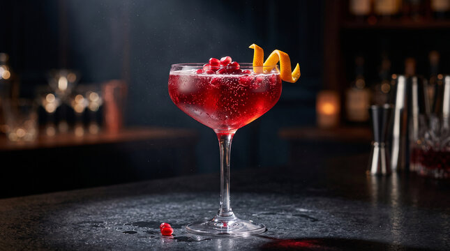 Vibrant ruby-red sparkling pomegranate fizz cocktail in a coupe glass with floating arils and orange peel. Moody dark background, dramatic spotlight, luxurious bar look.