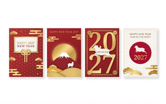 Set of four Japanese New Year greeting cards design for 2027 year of the sheep with Mount Fuji and traditional patterns