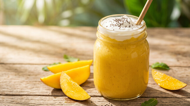 Smooth velvety golden-yellow mango smoothie in a thick glass jar with coconut yogurt and chia seeds. Bright tropical sunlight, wooden table, fresh mango slices.
