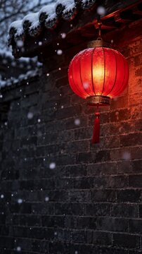 Glowing Red Chinese Lantern beneath Snowy Eaves at Dusk