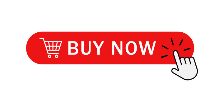 Red buy now button with shopping cart icon and hand cursor clicking for online store website