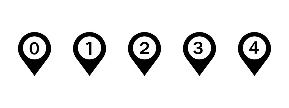 Black map pointer icons with numbers zero to four for location markers and navigation signs