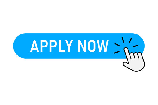 Blue apply now button with a mouse cursor hand clicking on it for website interface design