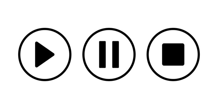 Play pause and stop media player control buttons set in black outlines