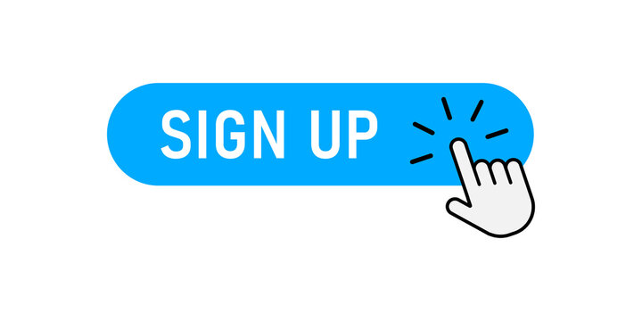Blue sign up button with hand cursor clicking icon for website and internet user interface design