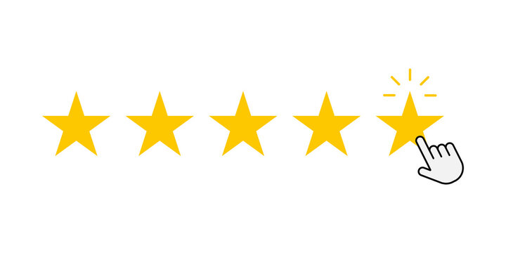 Five yellow stars rating icon with a hand cursor clicking the last star to give a top review
