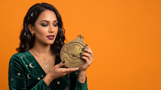 Young woman in green dress holding brass astrolabe