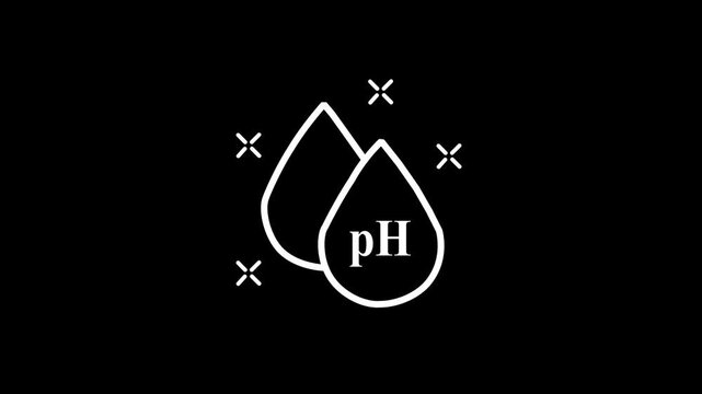 PH line icon with water drops - video, icon, vector.  sign bright water drop with H2O.single water droplet with light reflection and black background. Water drop , H2O text and water drop. 