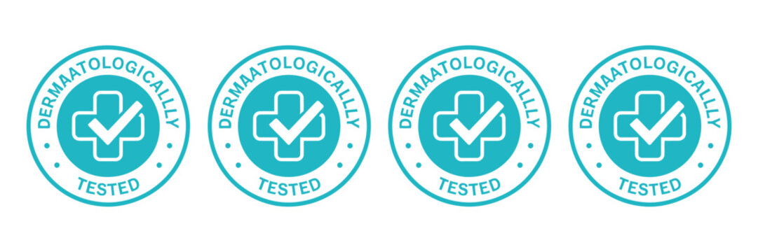 Dermatologically Tested Label Set, dermatologist tested badge, water drop, leaf, hand symbols, clinically proven, allergy free, safe product packaging vector