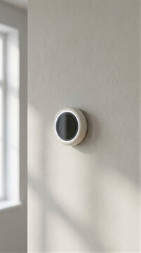 Round smart thermostat mounted on an interior wall beside a window. Home climate control and connected device technology. Energy management, residential automation and temperature monitoring