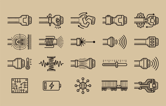 Digital automatic rail coupler and freight train automation vector engraving set displaying smart dac head interlocking knuckle jaws freight wagon coupling and internal cutaway mechanism