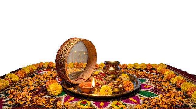 Traditional hindu karwa chauth celebration items with decorated sieve, clay lamp diya, and marigold flower garland on a colorful rangoli pattern