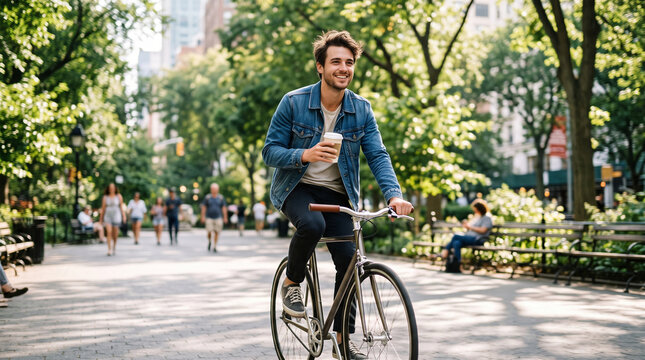 Cheerful young man in casual denim jacket riding a minimalist bicycle in a vibrant urban park, holding takeaway coffee. Green trees, soft bokeh background, natural light.