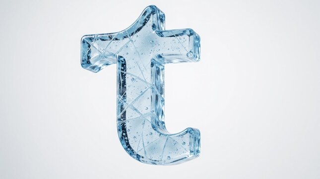 Large lowercase letter t made of blue ice. Frozen alphabet character with bubbles, frost effect on white background. Cold translucent crystal font design for winter season concept water related
