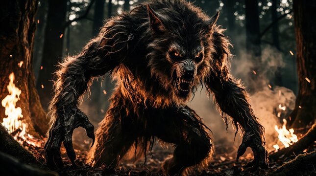 Scary werewolf monster with sharp fangs, long claws crawls in dark forest. Beast transforms under moonlight near campfire. Horror creature looks at camera with glowing eyes during night hunt in woods.