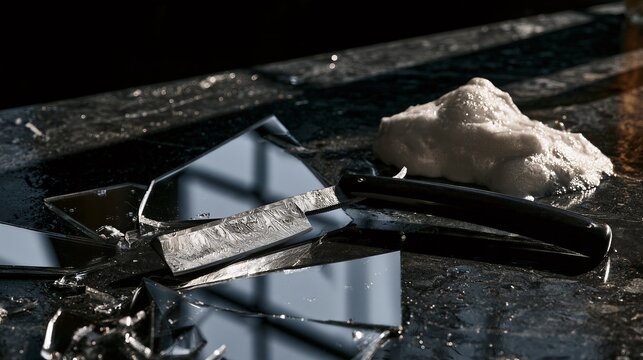 Macro Still Life of Damascus Straight Razor with Shattered Mirror Shards on Slate for Luxury Grooming Concept