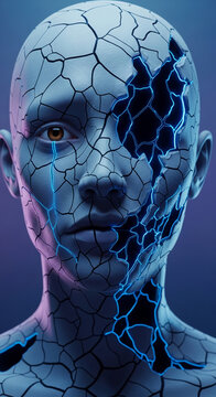 Cracked humanoid face with glowing blue internal energy, representing transformation, vulnerability, and inner strength