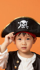 Fototapeta premium Little boy wearing pirate costume with tricorn hat