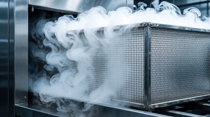 Fototapeta premium Industrial cryogenic freezing process with dense white vapor cloud. Metal mesh container releases liquid nitrogen fog inside modern factory plant. Advanced manufacturing equipment uses extreme low