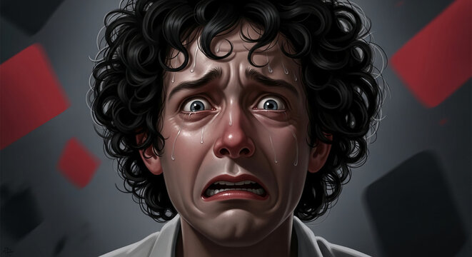 Close-up of a man's face contorted in extreme distress, tears streaming down his cheeks. This image powerfully conveys anguish, fear, and overwhelming emotion.