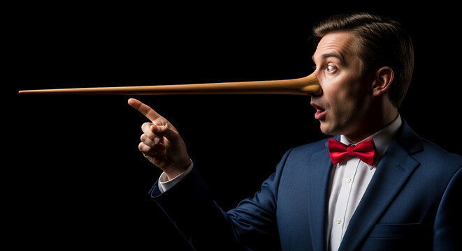 A man in a suit and red bow tie with a long wooden nose, symbolizing dishonesty and deception, against a dark background