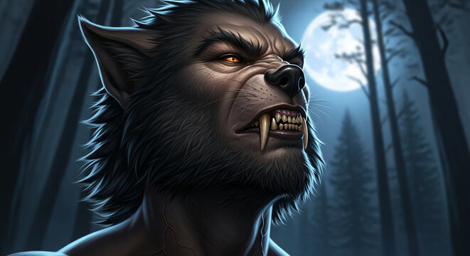 Close-up of a fierce werewolf face with glowing orange eyes, sharp teeth, and fur, set against a moonlit forest background, symbolizing wildness and transformation