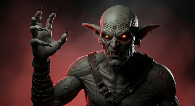 Detailed render of a grotesque creature with glowing eyes and sharp claws, embodying dark fantasy and horror themes, suitable for game art or concept design