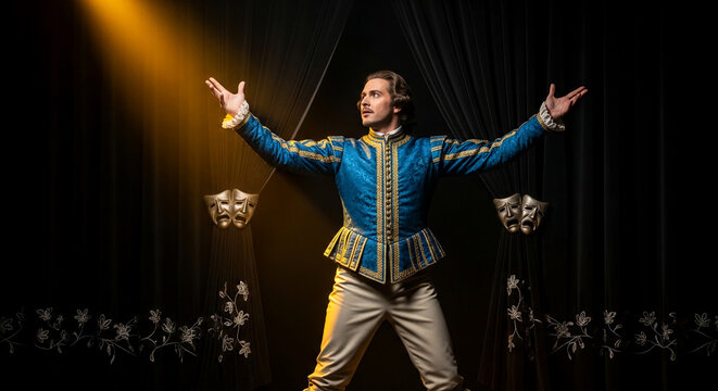 Man in historical costume on stage with theatrical masks, representing drama and performance, under a spotlight.