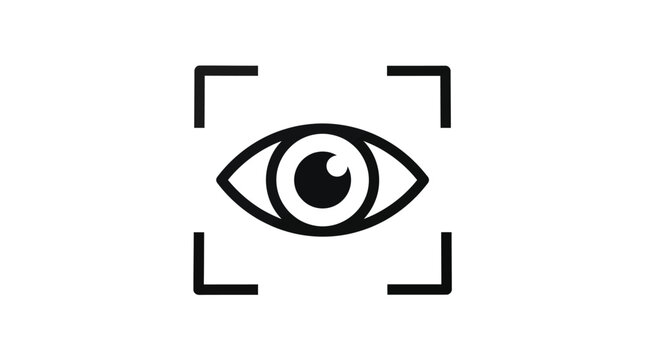 Minimalist black eye symbol framed inside targeting brackets for facial recognition and security concepts