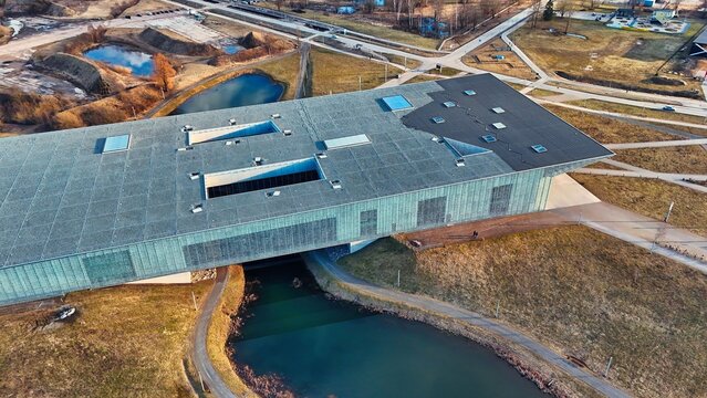 Tartu, Estonia - March 30, 2026. Aerial view of Estonian National Museum building