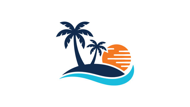 Minimalist tropical island logo featuring dark blue palm trees, orange sun, and turquoise ocean wave