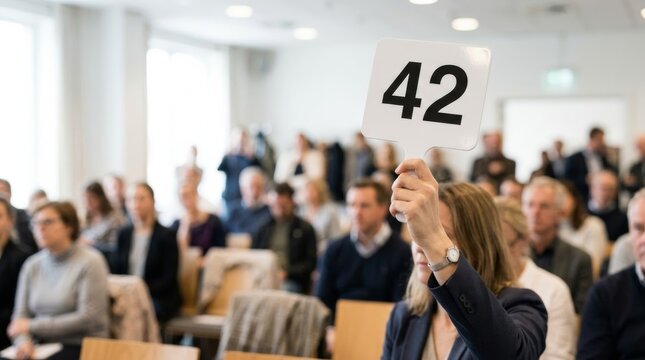 Auction paddle number 42 held up in a room full of bidders, close-up shot capturing the moment of bidding
